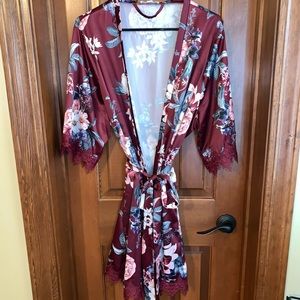 Burgundy Floral Silky Robe